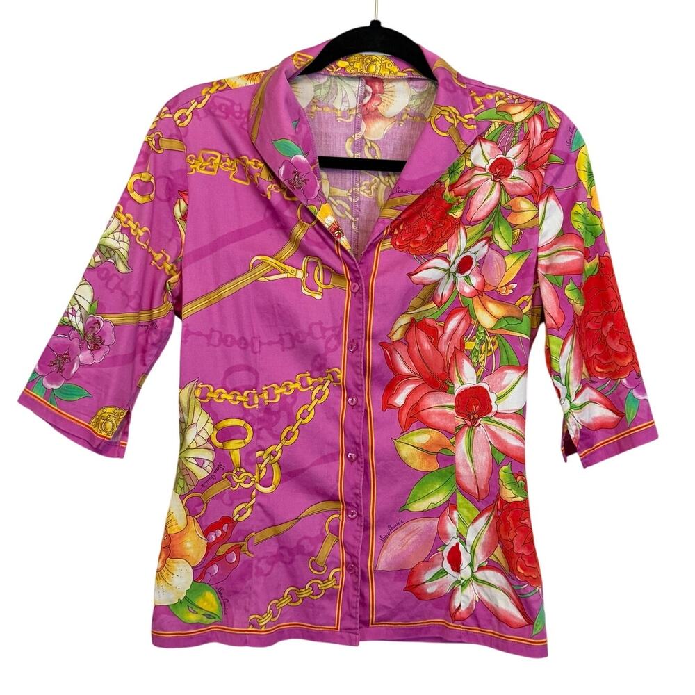 Vintage NaraCamicie Button Up Shirt Size S/M Pink Floral Blouse Italian Luxury